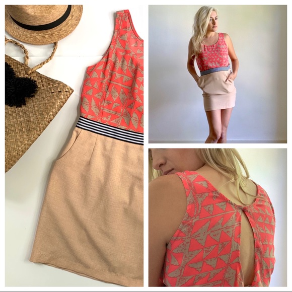 C. Luce Dresses & Skirts - Tan & Neon Coral Cut Out Tie Back Geometric Medium